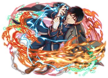 1boy adjusting_clothes adjusting_gloves amestris_military_uniform anime_coloring artist_request black_eyes black_hair blue_collar blue_jacket blue_pants boots brown_boots buttons closed_mouth coat coat_on_shoulders collar collared_coat collared_jacket crash_fever dutch_angle electricity fire full_body fullmetal_alchemist game_cg gloves grey_coat grey_collar grey_sleeves hexagon honeycomb_(pattern) jacket knee_boots leather leather_boots looking_to_the_side magic_circle male_focus military_jacket military_uniform number_print numbered official_art outline pants print_gloves print_sleeves red_outline roy_mustang silver_trim simple_background sleeve_cuffs smirk solo square square_print tachi-e third-party_source transparent_background tsurime twitter_username v-shaped_eyebrows waist_cape walking white_gloves wing_collar