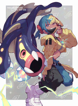 1girl aqua_hair bandeau belt black_belt black_mask black_pants blonde_hair blue_eyes blue_pants boots breasts canari_(pokemon) criss-cross_straps dark-skinned_female dark_skin eel eelektross electricity fangs fish gen_5_pokemon highres jacket kinshi lamprey long_sleeves looking_at_viewer mask mask_pull medium_breasts mega_stone mouth_mask multicolored_hair nintendo open_mouth pants pokemon pokemon_(creature) pokemon_legends:_z-a pokemon_sv short_twintails smile split-color_hair sports_bra teeth twintails two-tone_hair two-tone_mask two-tone_pants white_boots yellow_bandeau yellow_jacket yellow_mask yellow_sports_bra