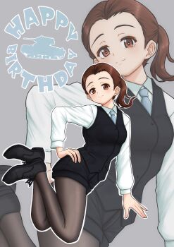 1girl absurdres amanone_yun black_pantyhose blush breasts brown_hair closed_mouth commentary_request formal_clothes full_body girls_und_panzer grey_background hand_on_own_hip highres looking_at_viewer medium_hair multiple_views pantyhose ponytail simple_background small_breasts smile suit tami_(girls_und_panzer)