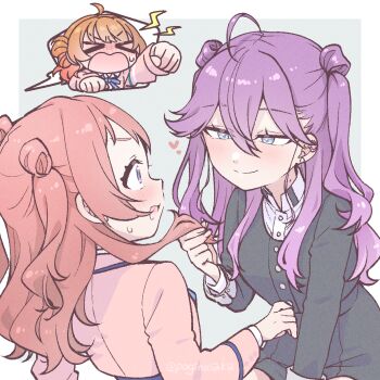 &gt;_&lt; 3girls ahoge between_legs black_jacket blue_eyes blue_ribbon blush border brown_hair cardigan clenched_hands closed_mouth commentary_request cropped_jacket double-parted_bangs ear_piercing earrings full-face_blush gakuen_idolmaster gokugetsu_academy_school_uniform grey_background hair_between_eyes hair_rings half-closed_eyes hanami_saki hanami_ume hand_between_legs hand_up hands_up hatsuboshi_gakuen_school_uniform heart highres holding_another&#039;s_hair idolmaster jacket jewelry kaya_rinha long_hair long_sleeves looking_at_another medium_hair mole mole_on_neck multiple_girls neck_ribbon open_mouth outside_border piercing pink_cardigan pink_jacket pogii purple_eyes purple_hair ribbon school_uniform shirt single_hair_ring small_sweatdrop smile speech_bubble spoken_character two_side_up white_border white_shirt yuri