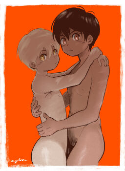 2boys absurdres arms_around_neck artist_name border closed_mouth completely_nude cowboy_shot highres kodomo_doushi looking_at_viewer male_focus mog300n multiple_boys nipples nude orange_background original short_hair shota standing white_border yaoi