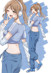 Rule 34 | 1girl, absurdres, blonde hair, blue footwear, blue nails, blue pants, blue shirt, casual, detached sleeves, fashion, full body, headphones, highres, isshiki iroha, light (lightpicture33), looking at viewer, one eye closed, open mouth, pants, shirt, shoes, sneakers, solo, track pants, v, v over mouth, white sleeves, yahari ore no seishun lovecome wa machigatteiru., yellow eyes, zoom layer