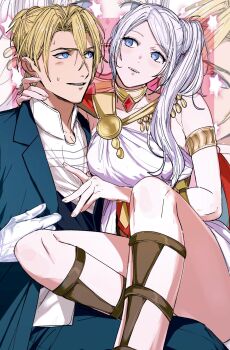 1boy 1girl alternate_costume alternate_hairstyle amikoiiko armlet blonde_hair blue_eyes blue_jacket blue_pants blue_vest blush_stickers breasts butler choker_jewel collarbone collared_shirt commentary dancer dancer_(fire_emblem:_three_houses) dimitri_alexandre_blaiddyd dress edelgard_von_hresvelg eye_contact facing_to_the_side figure_four_sitting fire_emblem fire_emblem:_three_houses gem girl_on_top gladiator_sandals gloves greco-roman_clothes hair_between_eyes hand_on_another&#039;s_neck highres horizontal-striped_clothes jacket jewelry lapels long_hair long_sleeves looking_at_another medium_breasts nail_polish nintendo notched_lapels official_alternate_costume official_alternate_hairstyle pants pink_nails pink_star pleated_pants purple_eyes red_gemstone rubbing sandals sash shirt showgirl_skirt single-shoulder_dress single_shoulder_pad single_strap sitting sitting_on_lap sitting_on_person star_(symbol) star_symbol_background suit_jacket sweatdrop symbol-only_commentary teeth upper_teeth_only vest waist_sash waistcoat white_gloves white_shirt zoom_layer
