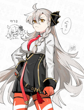 >_< 1girl black_skirt breasts chibi collared_shirt commentary_request crying fate/grand_order fate_(series) gloves grey_hair hair_ribbon high-waist_skirt highres kimidorix32 large_breasts long_hair long_sleeves looking_at_viewer necktie olga_marie_animusphere olga_marie_animusphere_(unbeast) open_mouth orange_eyes orange_gloves orange_pantyhose pantyhose pencil_skirt ribbon shirt skirt speech_bubble thighs translation_request white_shirt