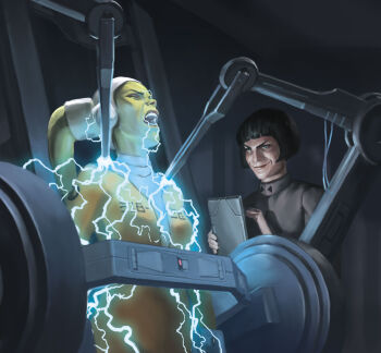 2girls alien arihnda_pryce black_hair blue_eyes bob_cut closed_eyes colored_skin electricity electrocution green_skin grey_jacket hera_syndulla highres indoors jacket javier_charro jumpsuit lekku_(anatomy) multiple_girls open_mouth orange_jumpsuit short_hair star_wars star_wars_rebels teeth torture twi&#039;lek