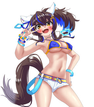 1girl animal_ears armpits bead_bracelet beads belt bikini bikini_top_only blue_hair blue_nails blue_streaks blush bracelet breasts brown_hair commentary contrapposto covered_erect_nipples cowboy_shot cutoffs daitaku_helios_(fun_fun_party_night)_(umamusume) daitaku_helios_(umamusume) ear_covers eyebrows_hidden_by_hair facial_tattoo fang fingernails floating_hair hair_between_eyes hair_ornament hairclip hand_on_own_hip hand_up high_side_ponytail highres horse_ears horse_girl horse_tail jewelry kohaku_(kuhaku30) legs_apart looking_at_viewer medium_breasts multicolored_hair multicolored_nails nail_polish navel open_clothes pendant ponytail short_shorts shorts side_ponytail simple_background skin_fang skindentation smile solo stomach streaked_hair swimsuit tail tattoo two-tone_hair two-tone_nails umamusume underboob v white_background white_shorts yellow_background yellow_belt