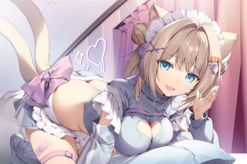 1girl all_fours animal_ears apron blonde_hair blue_eyes blue_shirt blue_skirt bow breasts cat_ears cat_girl cat_tail cleavage cleavage_cutout clothing_cutout commentary_request crop_top double_bun fang frills grey_socks hair_bun hair_intakes hair_ornament hairclip headdress heart heart_cutout karory long_hair long_sleeves looking_at_viewer maid_apron maid_headdress medium_breasts midriff miniskirt multiple_tails open_mouth original pillow purple_bow shirt shoulder_cutout skirt smile socks solo tail thigh_strap thighs top-down_bottom-up two_tails waist_apron