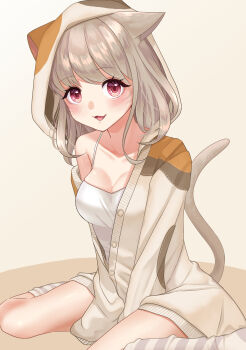 Rule 34 | 1girl, :d, animal ear hood, animal ears, arms between legs, breasts, brown hair, calico (pattern), camisole, cat ears, cat girl, cat tail, commentary request, fake animal ears, fang, final fantasy, final fantasy xiv, highres, hood, hood up, hoodie, large breasts, long sleeves, looking at viewer, medium hair, miqo'te, nennekoya, off shoulder, open clothes, open hoodie, open mouth, pink eyes, simple background, sitting, smile, tail, wariza, warrior of light (ff14), white camisole