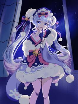 1girl aqua_hair blue_bonnet blue_eyes blue_gloves blue_shoes bonnet bow commentary_request cool_colored curly_hair dress fur-trimmed_sleeves fur_trim gloves hair_between_eyes hair_bow hair_ornament half_gloves hatsune_miku highres index_finger_raised japanese_clothes kimono layered_dress long_hair long_sleeves looking_at_viewer misho39 multicolored_hair night official_alternate_costume official_alternate_hairstyle open_mouth pink_bow pink_hair pink_thighhighs pom_pom_(clothes) pom_pom_hair_ornament shoes short_dress short_kimono smile snowflake_print streaked_hair thighhighs twintails two-tone_hair very_long_hair vocaloid yuki_miku yuki_miku_(2023)