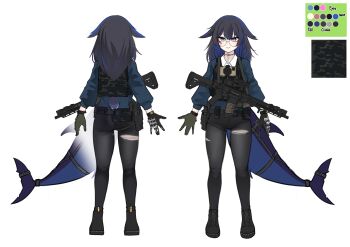 absurdres black_pantyhose boots bullet bulletproof_vest fins fish_tail glasses gloves green_gloves gun highres holster k0ng looking_at_another looking_at_viewer original pantyhose phone scope shoes tail torn_clothes torn_pantyhose weapon white_background