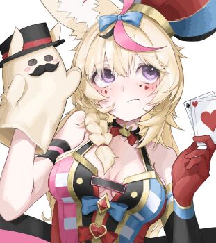 1girl 9tk9m animal_ears black_hair blonde_hair blue_bow bow breasts card closed_mouth commentary facial_mark fox_ears fox_girl gloves hand_puppet hashtag-only_commentary hat heart heart_facial_mark highres holding holding_card hololive jester_cap mark_under_eye medium_breasts multicolored_hair omaru_polka omaru_polka_(1st_costume) pink_hair playing_card poker puppet purple_eyes red_bow red_gloves revision simple_background solo spade_(shape) spade_facial_mark streaked_hair top_hat virtual_youtuber white_background x_(symbol) x_facial_mark zain_(omaru_polka)