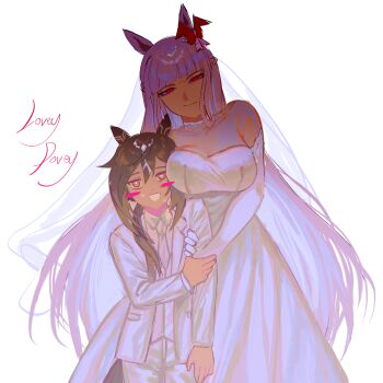 2girls absurdres animal_ears blunt_bangs bow bridal_veil bride commentary disgust dress ear_bow ear_covers ear_ornament elbow_gloves english_commentary english_text gloves grabbing_another's_arm height_difference highres horse_ears horse_girl long_hair miengplazabzab multiple_girls nervous_smile nervous_sweating original personification point_flag_(racehorse) smile stay_gold_(umamusume) strapless strapless_dress sweat tuxedo umamusume veil wedding wedding_dress white_dress white_gloves white_hair wife_and_wife yuri