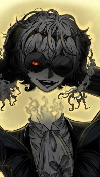 1boy black_crown crown diamond_hairband disembodied_head formal_clothes gloves highres jacket long_sleeves looking_at_viewer male_focus pinstripe_pattern pinstripe_suit round_eyewear severed_head short_hair skully_j._graves smile solo striped_clothes striped_jacket suit sunglasses the_nightmare_before_christmas twisted_wonderland user_usmx7248 vest white_hair