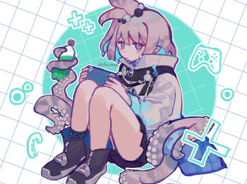 1girl arknights black_shoes black_skirt blue_hair bottle coffee_toranpu colored_inner_hair commentary_request controller frown game_controller green_background grey_jacket grid_background handheld_game_console highres holding holding_bottle holding_handheld_game_console infection_monitor_(arknights) jacket kirara_(arknights) looking_at_viewer multicolored_hair pink_eyes pink_hair pleated_skirt pointy_ears shoes simple_background skirt solo tentacle_hair tentacles thighs topknot two-tone_background white_background