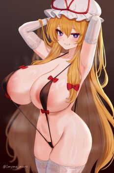 1girl arched_back areola_slip armpit_crease armpits arms_behind_head arms_up black_slingshot_swimsuit blonde_hair breasts brown_background commentary_request curvy elbow_gloves from_side gloves gradient_background hands_up hat heart heart-shaped_pupils huge_breasts large_areolae long_hair looking_at_viewer looking_to_the_side marota meme mob_cap narrow_waist purple_eyes bad_tag slingshot_swimsuit smile solo steam steaming_body swimsuit symbol-shaped_pupils thick_thighs thighhighs thighs touhou very_long_hair wavy_mouth white_gloves white_hat white_thighhighs yakumo_yukari yukari&#039;s_gap_bikini
