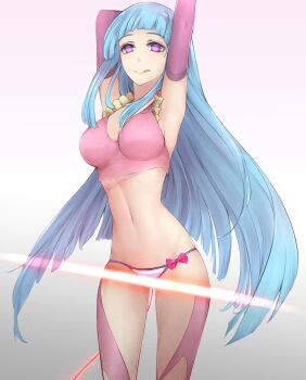 1girl :q arms_up bad_id bad_pixiv_id bikini bikini_bottom_only blue_hair blunt_bangs bow breasts censored cowboy_shot dancing elbow_gloves female_focus frills gloves highres large_breasts lens_flare long_hair me!me!me! me!me!me!_dance_(meme) meme meme_(me!me!me!) navel pannakotta panties purple_eyes solo string string_of_fate striped_bikini striped_clothes swimsuit thighhighs tongue tongue_out underwear very_long_hair