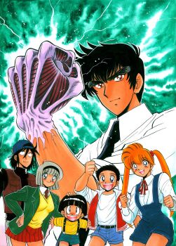 2girls 4boys arm_up backwards_hat baseball_cap belt black_belt black_eyes black_hair black_hairband black_necktie black_shirt blue_dress blue_eyes blue_shorts brown_vest clenched_hand collared_shirt commentary_request dress green_jacket grey_hair hair_between_eyes hairband hand_on_another's_head hand_on_own_hip hands_up hat highres hosokawa_miki inaba_kyouko jacket jigoku_sensei_nube kimura_tatsuya kurita_makoto lapels letterman_jacket miniskirt multiple_boys multiple_girls neck_ribbon necktie nueno_meisuke official_art okano_takeshi open_clothes open_jacket open_mouth open_vest orange_hair pants pinafore_dress pleated_skirt red_eyes red_necktie red_ribbon red_skirt ribbon shirt short_hair shorts skirt sleeveless sleeveless_dress smile standing suspenders sweater tateno_hiroshi teeth thick_eyebrows twintails upper_teeth_only v-neck vest white_pants white_shirt yellow_shirt yellow_sweater