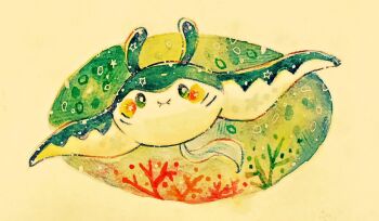 Rule 34 | air bubble, animal focus, bright pupils, bubble, closed mouth, commentary request, coral, full body, gen 2 pokemon, looking at viewer, mantine, nintendo, no humans, painting (medium), pokemon, pokemon (creature), solo, traditional media, watercolor (medium), white eyes, white pupils, yukichi 0611