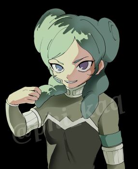 1girl aqua_hair beta_(inazuma_eleven) black_background bodysuit breasts commentary double_bun evil_grin evil_smile grey_bodysuit grin hair_bun highres inazuma_eleven_(series) inazuma_eleven_go inazuma_eleven_go_chrono_stone long_hair looking_at_viewer making-of_available phi_kaq purple_eyes small_breasts smile solo twitter_username watermark