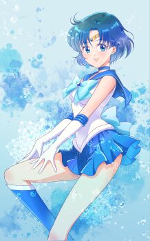 Rule 34 | 1girl, back bow, bishoujo senshi sailor moon, blue background, blue choker, blue eyes, blue hair, blue sailor collar, blue skirt, boots, bow, breasts, choker, clover background, commentary, cowboy shot, earrings, elbow gloves, gloves, highres, jewelry, magical girl, mizuno ami, sailor collar, sailor mercury, sailor senshi uniform, shiiba itsuki, short hair, skirt, smile, solo, symbol-only commentary, tiara, white gloves