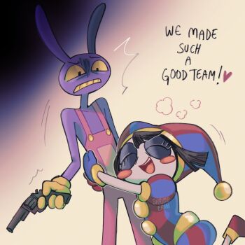 1boy 1girl absurdres black_hair blue_hat blush_stickers closed_eyes colored_sclera colored_teeth commentary english_commentary english_text frown furry furry_male gloves gun hat heart highres holding holding_gun holding_weapon hug jax_(the_amazing_digital_circus) jester_cap open_mouth overalls pink_overalls pomni_(the_amazing_digital_circus) rabbit_boy red_hat short_hair shrimperini signature smile the_amazing_digital_circus two-tone_hat weapon yellow_gloves yellow_sclera yellow_teeth