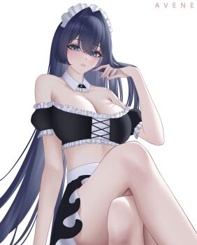 1girl alternate_costume avene_chan bare_shoulders black_shirt black_skin blue_eyes blue_hair breasts cleavage colored_skin cross-laced_clothes cross-laced_top crossed_bangs crossed_legs double-parted_bangs frilled_shirt frills hair_between_eyes hair_intakes hand_up hashtag-only_commentary highres hololive hololive_english large_breasts long_hair looking_at_viewer maid_headdress miniskirt off-shoulder_shirt off_shoulder ouro_kronii parted_lips puffy_short_sleeves puffy_sleeves shirt short_sleeves simple_background skirt solo very_long_hair virtual_youtuber white_background wrist_cuffs