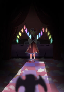 2girls absurdres back_bow bat_wings bedroom blonde_hair blush bow checkered_floor commentary_request crack_of_light crystal_wings curtains flandre_scarlet from_behind gasubanana glowing glowing_eyes glowing_wings hat hat_bow highres medium_hair mob_cap multiple_girls partial_commentary pillow red_bow red_eyes red_skirt red_vest remilia_scarlet shadow shirt short_sleeves skirt socks solo_focus standing torn_stuffed_toy touhou vest white_bow white_hat white_shirt white_socks wings