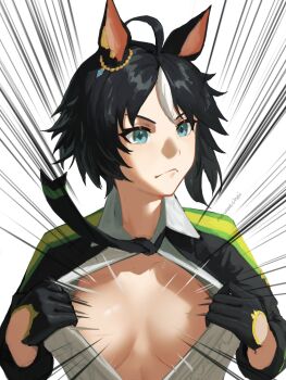1girl ahoge animal_ears black_gloves black_hair black_jacket black_necktie blue_eyes breasts center_frills cleavage closed_mouth collared_shirt commentary ear_ornament ear_scrunchie emphasis_lines frilled_shirt frills fuji_kiseki_(shooting_star_revue)_(umamusume) fuji_kiseki_(umamusume) gloves hair_between_eyes highres horse_ears horse_girl jacket long_sleeves looking_to_the_side medium_breasts multicolored_hair necktie no_bra noraesei open_clothes open_jacket serious shirt short_hair sidelocks signature simple_background solo standing superman_exposure umamusume upper_body white_background white_hair white_shirt