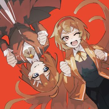 Rule 34 | 2girls, ahoge, black pants, black vest, blue eyes, bow, bowtie, brown bow, brown bowtie, brown coat, brown eyes, brown hair, coat, collared shirt, green bow, green bowtie, hair ornament, hairband, hairclip, highres, hod (project moon), library of ruina, long hair, long sleeves, looking at another, looking at viewer, malkuth (project moon), multiple girls, nakame77, one eye closed, open mouth, pants, project moon, red background, red hairband, shirt, simple background, upper body, vest, white shirt