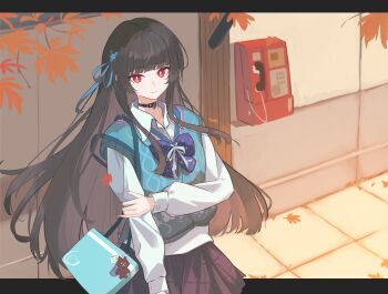 1girl absurdres artillerie_(thevoidtofly) black_choker black_hair black_skirt blue_ribbon blue_sweater_vest bright_pupils chinese_commentary chisa_(wuthering_waves) choker closed_mouth commentary_request hair_ribbon hand_on_own_arm highres lawson letterboxed long_hair long_sleeves looking_at_viewer mole mole_under_eye official_alternate_costume red_eyes ribbon shirt skirt smile solo sweater_vest white_pupils white_shirt wuthering_waves