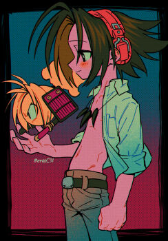 1boy amidamaru asakura_yoh bad_id bad_pixiv_id belt black_belt black_eyes black_hair blush brown_pants closed_mouth headphones highres male_focus menma_(enaic31) open_clothes open_shirt pants shaman_king short_sleeves sleeves_rolled_up smile twitter_username