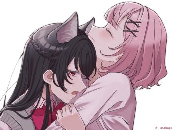 Rule 34 | 2girls, absurdres, amaori renako, animal ears, asakage, ashigaya high school uniform, bat ears, black hair, bow, bowtie, braid, closed eyes, closed mouth, collared shirt, commentary, couple, eyebrows hidden by hair, fang, grabbing another's arm, grey sweater vest, hair ornament, hairclip, half-closed eyes, half up braid, head back, head down, highres, hug, koto satsuki, long hair, long sleeves, looking at viewer, multiple girls, neck, open mouth, pink hair, red bow, red bowtie, red eyes, school uniform, shirt, short hair, simple background, straight hair, sweater vest, twitter username, upper body, vampire, watashi ga koibito ni nareru wake naijan murimuri!, white background, white shirt, x hair ornament, yuri