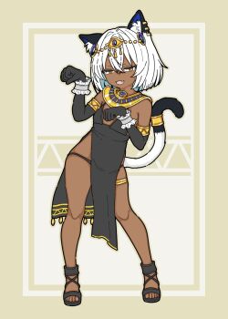 1girl :3 :d ancient_egyptian_clothes animal_ears armlet black_dress black_gloves black_panties cat_ears cat_girl cat_tail commentary_request dark-skinned_female dark_skin dress elbow_gloves embroidered_dress embroidery eye_of_horus fang flat_chest full_body gloves gold_armlet gold_collar gold_hairband gold_thighlet hairband highres brown_egyptian_cat-eared_loli_(trend) jewelry nonnki open_mouth original panties paw_pose pelvic_curtain sandals short_hair side_slit sleeveless sleeveless_dress smile standing tail tail_ornament tail_ring thighlet underwear usekh_collar white_hair wrist_cuffs