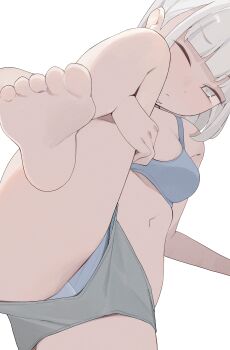 1girl barefoot blue_panties blue_sports_bra blush breasts collarbone crotch_seam grey_shorts highres hiroki_(yyqw7151) looking_at_viewer medium_breasts navel one_eye_closed original panties panty_peek short_hair shorts split sports_bra standing standing_on_one_leg standing_split underwear white_background white_eyes white_hair