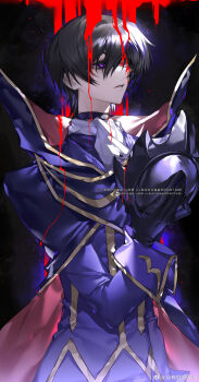1boy absurdres ascot black_hair blood blood_on_face cape code_geass gloves gold_trim hair_between_eyes hair_over_one_eye helmet highres holding holding_unworn_helmet lelouch_vi_britannia male_focus purple_cape purple_eyes short_hair solo two-sided_cape two-sided_fabric unworn_helmet weibo_6655142211 white_ascot zero_(code_geass)