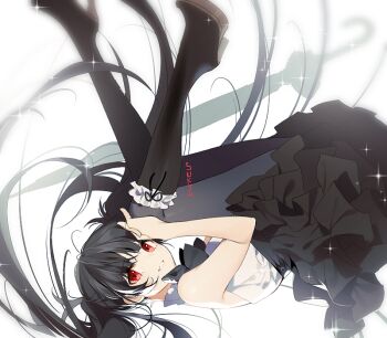 1girl artist_name bare_shoulders black_boots black_dress black_hair black_pantyhose boots dress female_focus floating_hair from_side grin high_heel_boots high_heels long_hair looking_at_viewer original pantyhose red_eyes sidelocks signature simple_background smile solo sparkle sukja teeth twintails umbrella very_long_hair white_background