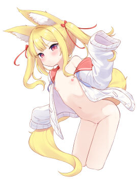 1girl animal_ear_fluff animal_ears blonde_hair blush cardigan commentary_request fox_ears fox_tail highres loli long_hair navel nipples open_clothes original paid_reward_available pussy red_eyes shokupan_(slvk12) simple_background sleeves_past_wrists solo tail twintails variant_set white_background
