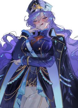 1girl :q alternate_costume arm_under_breasts black_coat blush breasts cantarella_(wuthering_waves) coat coat_on_shoulders commentary corrupted_twitter_file english_commentary facial_mark hair_between_eyes hand_up hat highres jacket large_breasts long_hair looking_at_viewer mark_under_eye military_hat pants purple_eyes purple_hair purple_jacket sanya_(sanya_lox228) see-through_cleavage see-through_clothes simple_background smile solo tongue tongue_out very_long_hair white_background white_pants wuthering_waves