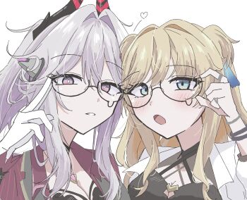 Rule 34 | 2girls, 88 9, bangle, blonde hair, blush, bracelet, breasts, choker, cleavage, gloves, green eyes, hair ornament, heart, highres, honkai (series), honkai impact 3rd, horns, jacket, jewelry, long hair, multiple girls, parted lips, pink eyes, ring, songque, strap, tassel, tassel hair ornament, teardrop-framed glasses, thelema nutriscu, white background, white hair