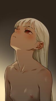 1girl as109 black_background blonde_hair closed_mouth collarbone commentary_request female_focus flat_chest gradient_background highres loli long_hair looking_up mole mole_under_eye nipples nude original portrait red_eyes simple_background solo upper_body