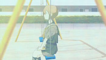 1girl absurdres adversarial_noise black_sailor_collar black_serafuku black_shirt black_skirt black_socks brown_hair bush commentary_request crossed_bangs dated english_text feet_out_of_frame film_grain from_side grey_eyes hair_between_eyes highres kneehighs looking_ahead mixed-language_text neckerchief original outdoors playground sailor_collar sankakkee school_uniform serafuku shirt short_hair short_sleeves sidelocks signature sitting skirt socks solo swing_set watermark yellow_neckerchief