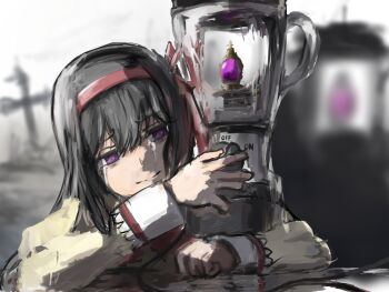 1girl absurdres akemi_homura arms_on_table bags_under_eyes black_hair blender_(object) blurry blurry_background bow bowtie cable closed_mouth commentary cross crying crying_with_eyes_open false_smile gem hair_ribbon hairband highres imminent_suicide juliet_sleeves lace-trimmed_sleeves lace_trim long_hair long_sleeves mahou_shoujo_madoka_magica mahou_shoujo_madoka_magica_(anime) mitakihara_school_uniform puffy_sleeves purple_gemstone red_bow red_bowtie red_hairband red_ribbon reflective_surface ribbon ruins sad school_uniform shirt smile solo soul_gem streaming_tears table takeraka tears upper_body white_background yellow_shirt zoom_layer