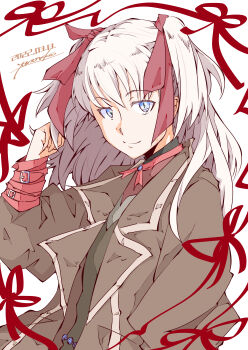 absurdres belt blue_eyes coat commentary_request hair_ribbon highres long_coat neck_ribbon raquel_applegate red_belt red_ribbon ribbon trench_coat twintails white_hair wild_arms wild_arms_4 wrist_belt yomoneko