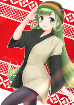 Rule 34 | 1girl, beanie, black pantyhose, green eyes, green hair, grimoire ~shiritsu grimoire mahou gakuen~, hand up, hat, hat ornament, hattori azusa, japanese clothes, long hair, pantyhose, red background, samue, teina
