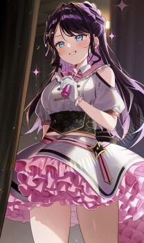 1girl black_hair blue_eyes blush bow bow_earrings braid breasts clothing_cutout colored_inner_hair cowboy_shot earrings frilled_shirt_collar frilled_skirt frills grin highres holding holding_microphone idol_clothes indoors jewelry kaga_nazuna layered_skirt long_hair looking_at_mirror medium_breasts microphone mirror mole mole_under_eye multicolored_hair petticoat pink_hair pome_charo puffy_short_sleeves puffy_sleeves shirt short_sleeves shoulder_cutout side_braids skirt smile smug solo swept_bangs two-tone_hair underbust virtual_youtuber vspo! white_shirt