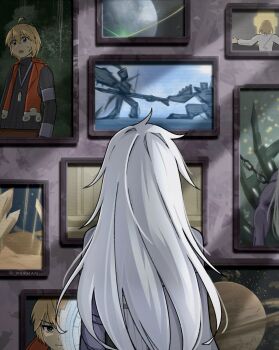 Rule 34 | 1girl, a (xenoblade), artist name, bionis, chain, commentary request, from behind, grey hair, highres, indoors, klaus (xenoblade), long hair, mechonis, painting (object), pax (seo7h), shulk (xenoblade), solo, spoilers, standing, twitter username, xenoblade chronicles (series), xenoblade chronicles 1, xenoblade chronicles 3, xenoblade chronicles 3: future redeemed