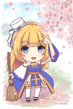 Rule 34 | 1girl, arch bishop (ragnarok online), black shoes, blonde hair, blue dress, blue eyes, blush, bow, breasts, broom, cherry blossoms, chibi, chibi only, cleavage cutout, clothing cutout, commentary request, cross, dress, frilled thighhighs, frills, full body, hat, hat bow, hat ornament, highres, holding, holding broom, large breasts, long hair, looking at viewer, open mouth, outdoors, pillbox hat, ragnarok masters, ragnarok online, sakuraji tomoka, sash, shoes, smile, solo, standing, star (symbol), star hat ornament, thighhighs, two-tone dress, white dress, white hat, white thighhighs, yellow sash