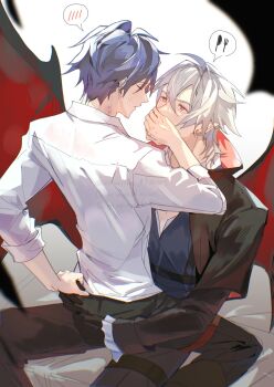 Rule 34 | 2boys, azitsukeniku, bat wings, black hair, black pants, closed eyes, covering another's mouth, crow armbrust, double-parted bangs, eiyuu densetsu, gagged, hair between eyes, hand gagged, hand over another's mouth, highres, jacket, long sleeves, male focus, mullet, multiple boys, pants, rean schwarzer, red eyes, sen no kiseki (series), shirt, short hair, upper body, white shirt, wings, yaoi