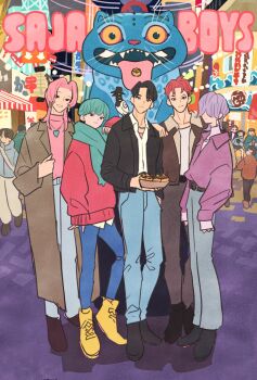 Rule 34 | 3girls, 6+boys, abby (kpop demon hunters), animal, animal on shoulder, aqua hair, aqua scarf, baby (kpop demon hunters), bird, bird on shoulder, black hair, black hat, black jacket, black shoes, blue pants, boots, cat, closed mouth, coat, collared shirt, creature, derpy (kpop demon hunters), food, full body, grey coat, hair between eyes, hair over eyes, hand on another's shoulder, hat, highres, holding, holding food, jacket, jewelry, jinu (kpop demon hunters), kpop demon hunters, light smile, long coat, long hair, male focus, mira (kpop demon hunters), multiple boys, multiple girls, mystery (kpop demon hunters), necklace, pants, parted bangs, parted lips, pink hair, pink sweater, purple hair, purple shirt, red eyes, romance (kpop demon hunters), rumi (kpop demon hunters), scarf, shirt, shoes, short hair, sleeves past wrists, sussie (kpop demon hunters), sweater, takeuchi ryousuke, turtleneck, turtleneck sweater, twintails, white shirt, yellow boots, zoey (kpop demon hunters)