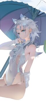 1girl absurdres animal_ear_fluff animal_ears arm_behind_back bare_shoulders beach_umbrella black_nails blue_eyes blue_gem breasts closed_mouth commentary covered_navel cowboy_shot detached_sleeves ear_piercing earrings fingernails forehead_jewel frilled_one-piece_swimsuit frills gem hand_up highleg highleg_one-piece_swimsuit highres indie_virtual_youtuber jewelry ligod long_hair looking_at_viewer luciwuzi_(vtuber) nail_polish one-piece_swimsuit piercing simple_background slit_pupils small_breasts snow_leopard_ears snow_leopard_girl solo swimsuit umbrella under_umbrella virtual_youtuber white_background white_hair white_one-piece_swimsuit white_sleeves